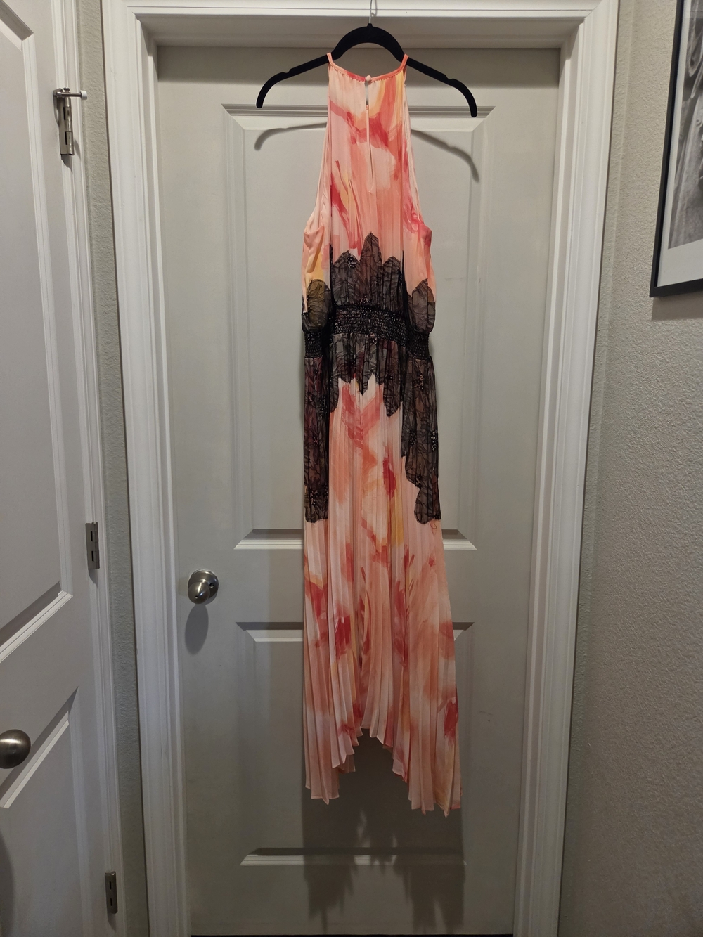 White House Black Market Coral Pink & Black Pleated Halter Maxi Dress